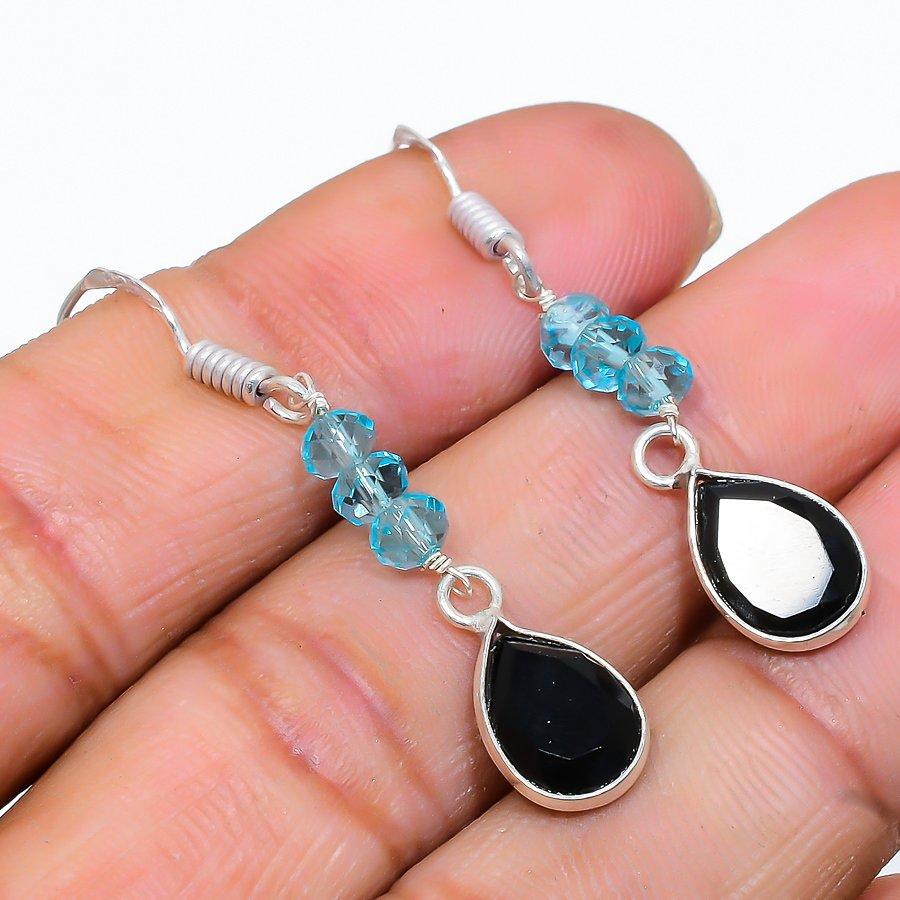 

Black Spinel, Blue Topaz Gemstone 925 Sterling Silver Jewelry Earring 1.65 GK-3608