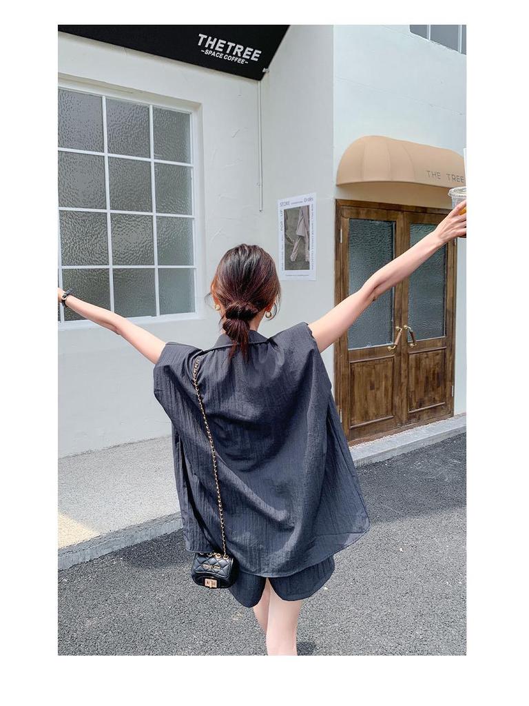 Trendy 2024 Drawstring Sleeve Shirt and Shorts Set: Stylish, Youthful, Two-Piece Casual Outfit