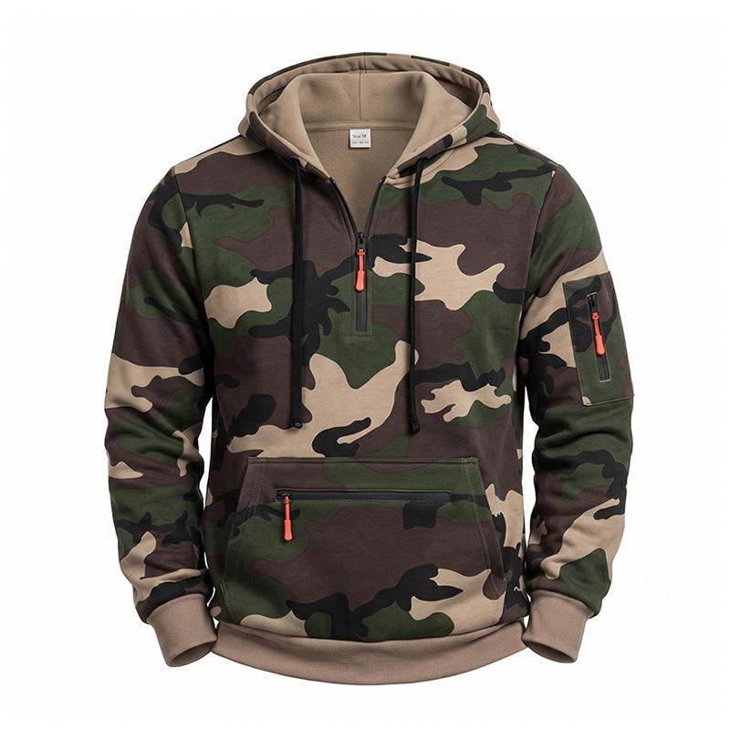 Men's Camouflage Half Zip Hoodie, Long Sleeve Drawstring Hooded Sweatshirt with Zipper Pockets, Casual Tactical Streetwear Pullover for Men