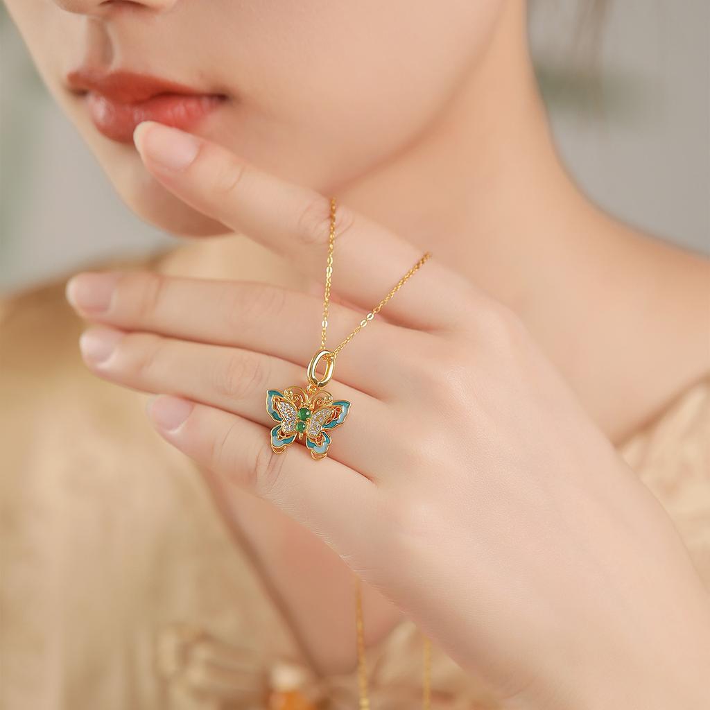 S925 Sterling Silver Necklace Natural Jade Butterfly Pendant Design Clavicle Chain Accessories Women's Short URL Short Daily Jewelry Gift
