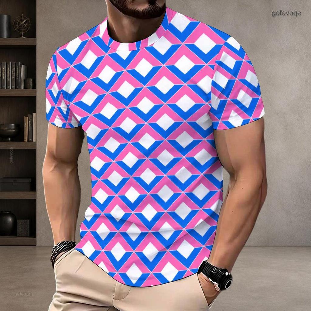 Men Plus Size Round Neck Short Sleeve Striped Geometric Printed T Shirt