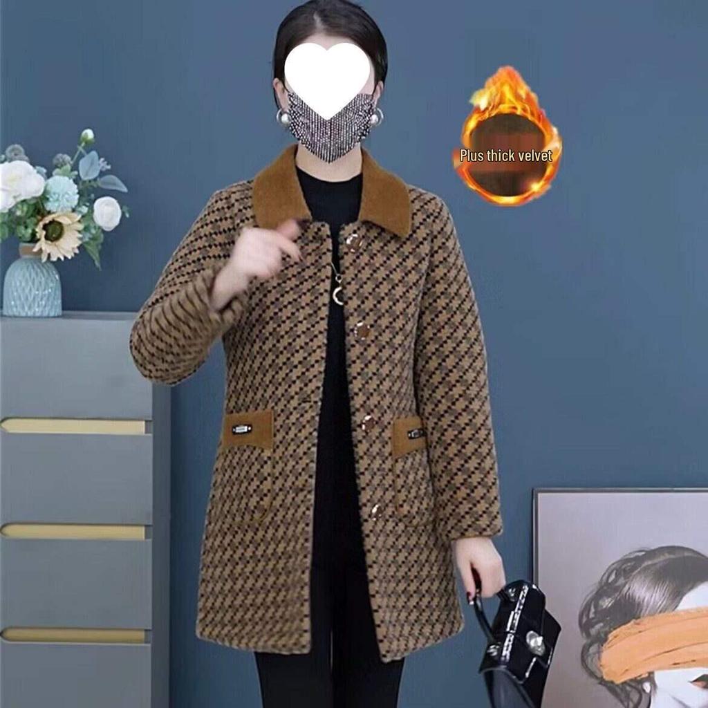 Autumn & Winter Fashionable Mid-Length Plaid Coat for Middle-Aged and Elderly Women