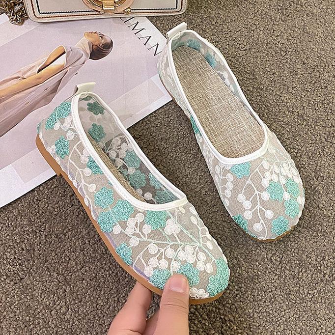 Single Shoe Female 2023 Spring New Lace Mesh Casual Fit Flat Shoes Round Toe Breathable Single Shoes