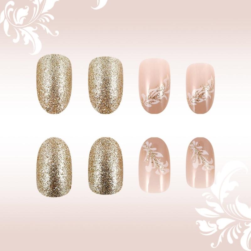 24 Pcs Sweet Flowers False Nail Fashion Artificial Nail Glittering Full Cover Stick on Nail Short Oval Press On Nail