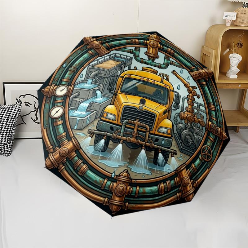 Industrial Water Treatment Truck Pattern Umbrella, Portable and Foldable Design, 8 Ribs, a Casual Accessory for Friend's Birthday Gifts.