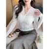 Fall and Winter New Arrival Women's Clothing All-Matching Slim Fit Slimming V-Neckline Long Sleeves Lace Shirt Women's Lace Cut Out Bottoming Shirt