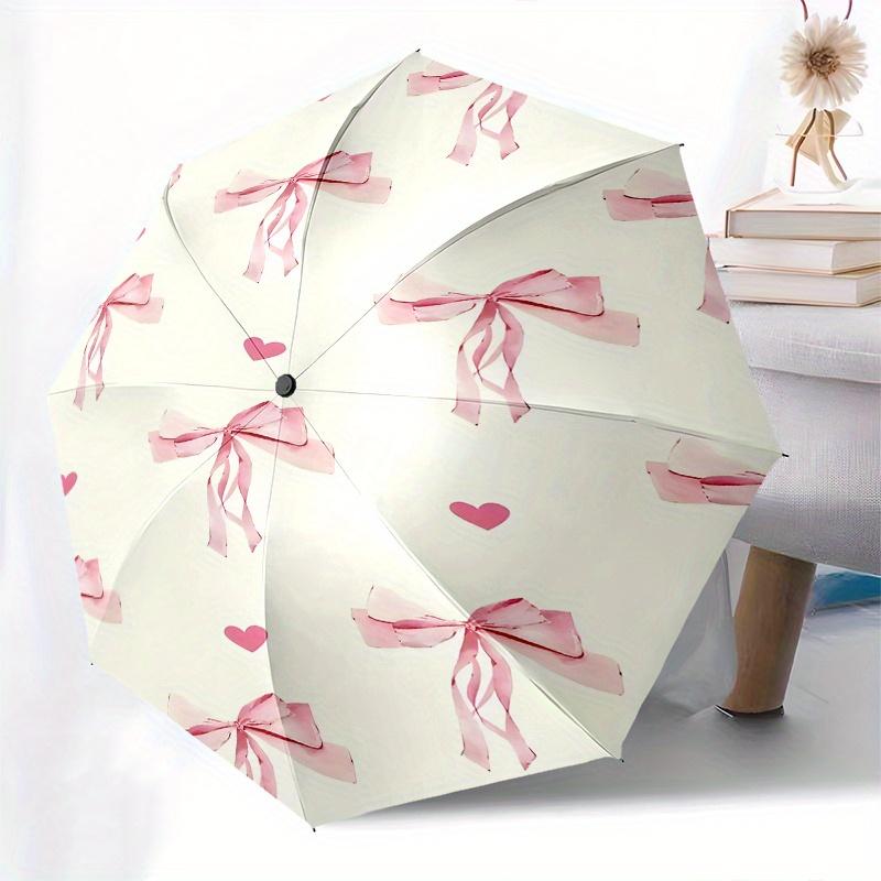 Ombrello pieghevole automatico con fiocchi rosa, design semplice a otto stecche, motivo a colori vivaci, telaio in ferro resistente, ideale per viaggi e attività all'aperto, spiaggia