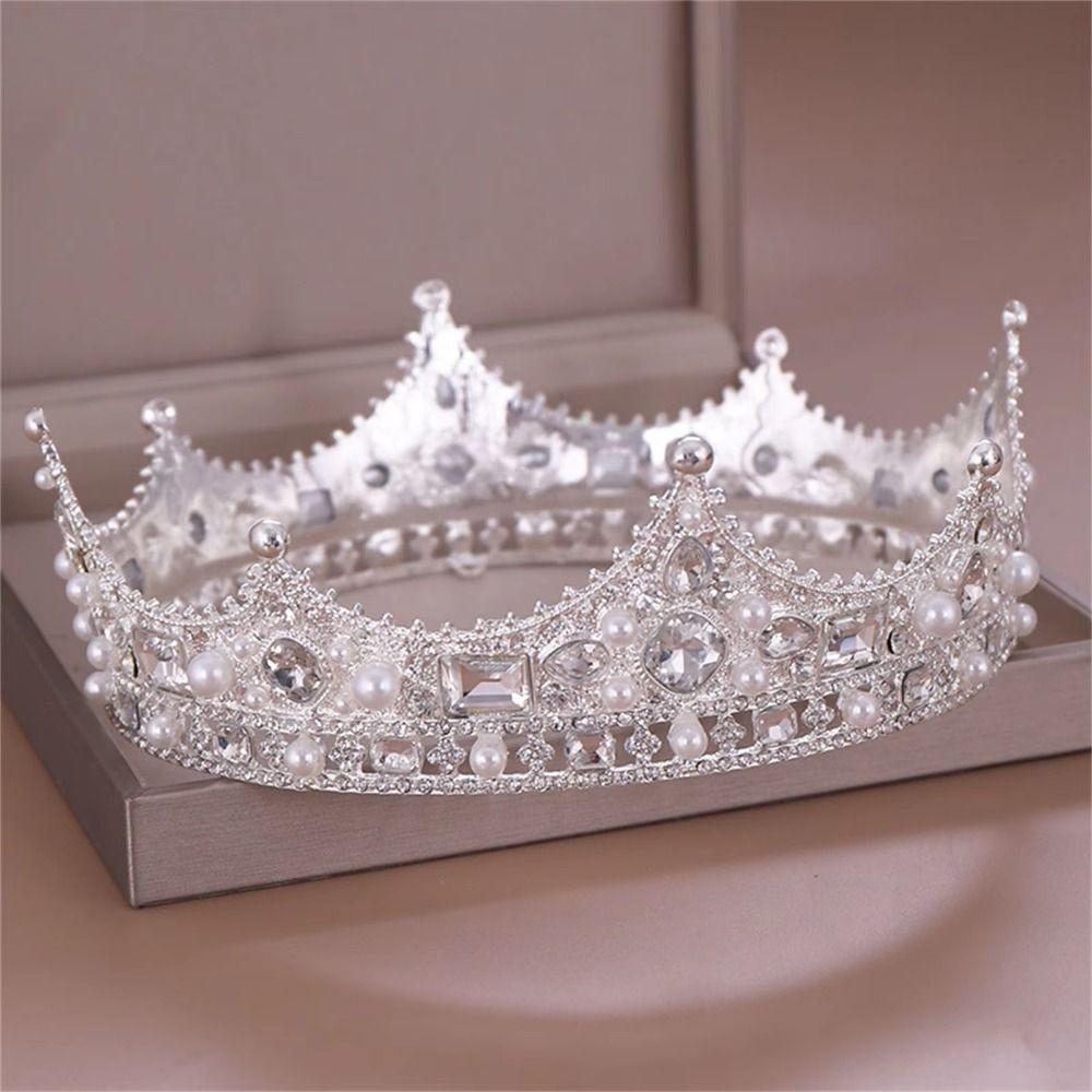 Rhinestone Bridal Tiara Crown Round Shape Wedding Hair Jewelry Vintage Baroque Crown  Costume Party