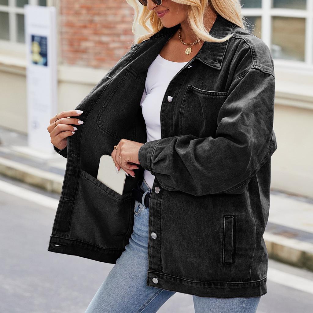 Women's Fashionable Versatile Classic Retro Solid Color Lapel Long Sleeved Pocket Loose Denim Jacket