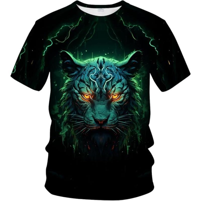 Men's Summer 3D T-shirt Fashionable Casual Loose Pattern Animal Tiger Print Round Neck Short Sleeved T-shirt Top