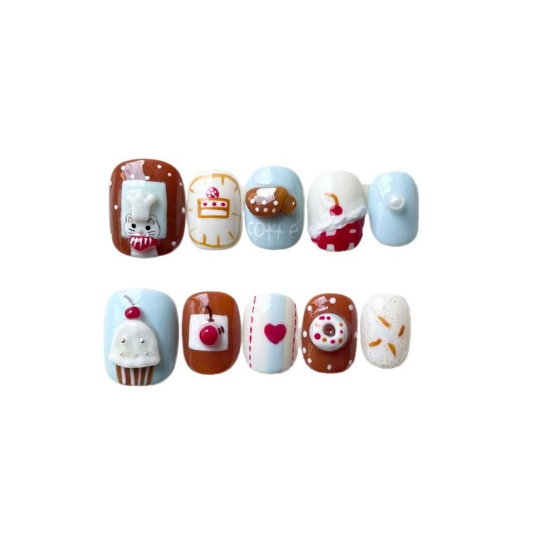 Cute Hand-Painted Press-On Nails Short Square Cat Eye Design Sweet Ins Style Nail Art Women