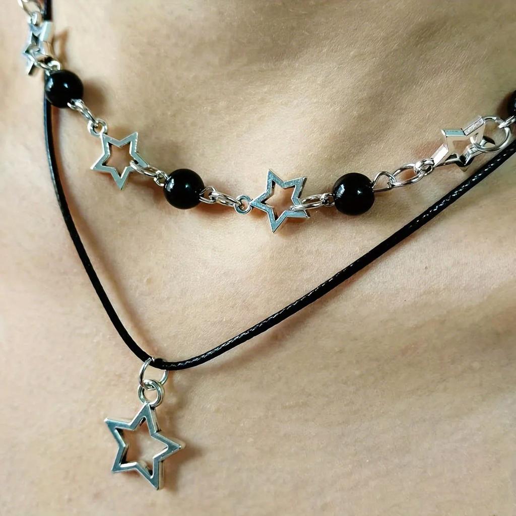 Fashion Double Layered Black Bead Star Choker Necklace Punk Pentagram Leather Rope Necklaces For Women Girls