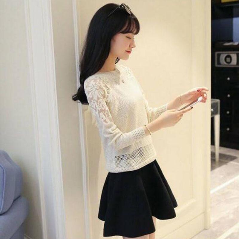 Mode Sexy Hollow Out Knitwear Dames Grote Maat Losse Lange Mouw Tops Herfst Mode Opengewerkte Kant Trui