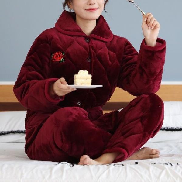 Süße warme wattierte Baumwolle kann draußen getragen werden dreilagiger Pyjama Damen Winter Loungewear verdickt saisonal große Größe