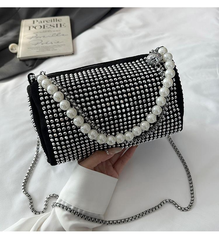 2025 new trend fashion handbag foreign style rhinestone underarm small square bag pearl chain shoulder messenger bag women
