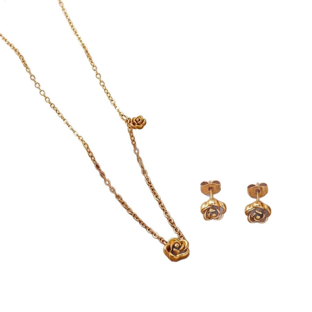 European & American Titanium Steel 3D Rose Necklace & Earrings Set 