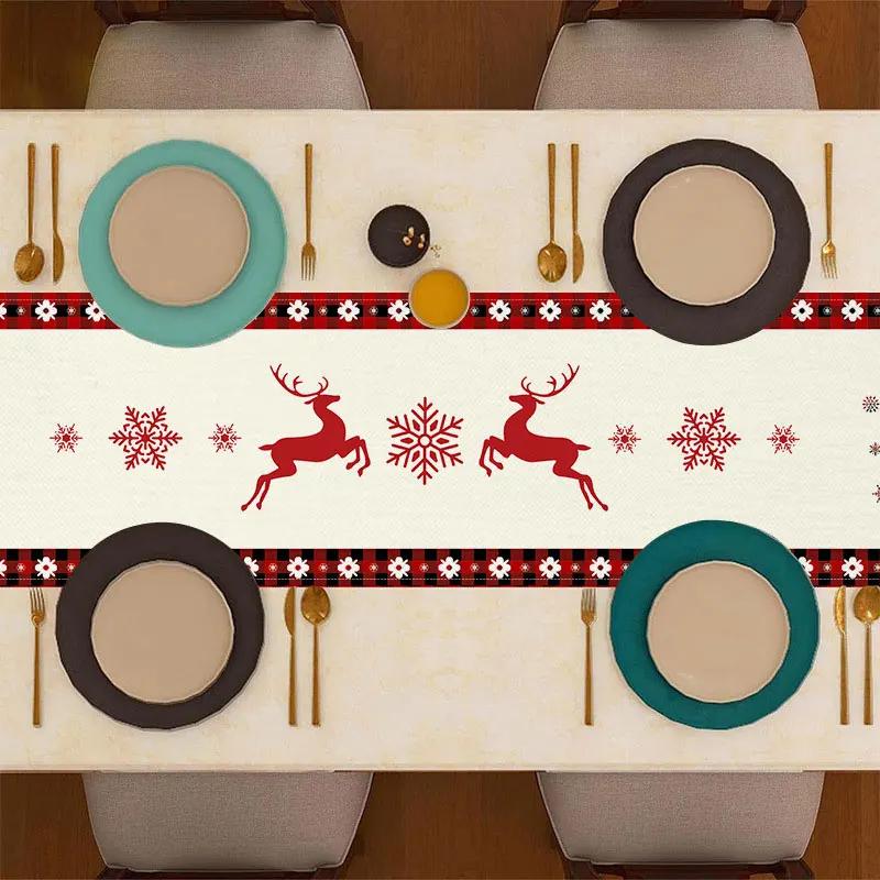 Christmas Tablecloth Santa Claus Snowflake Elk Red Pattern Linen Table Runner Reusable Merry Christmas Decoration Home Decor