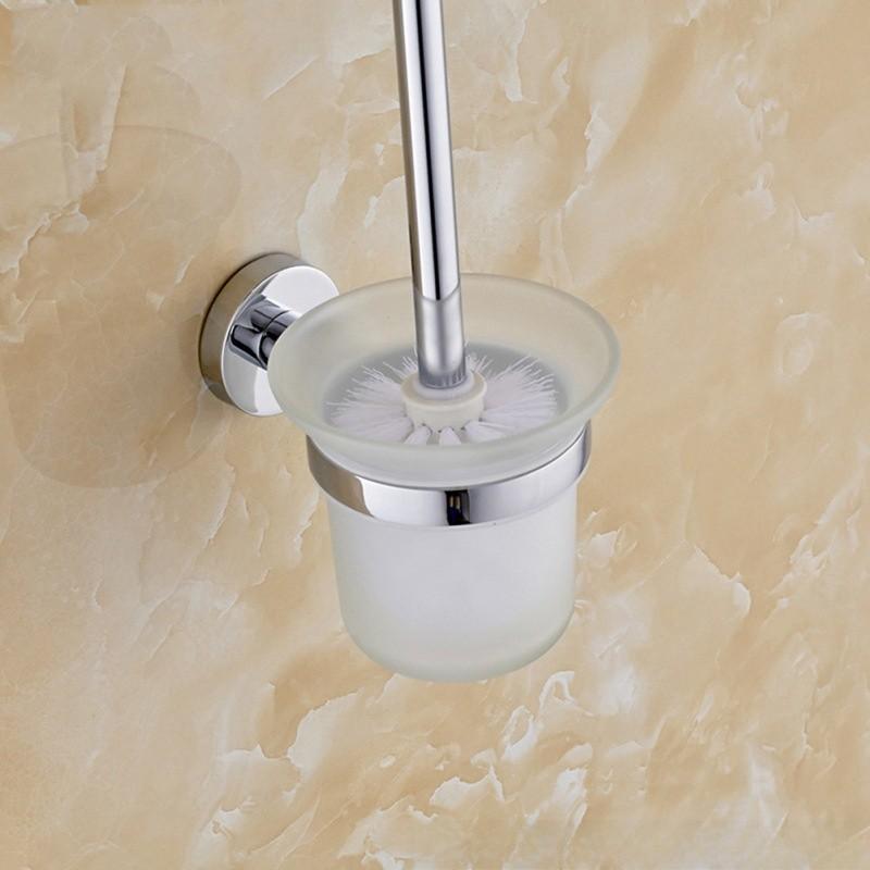 Chrome Wall Round Mounted Toilet Brush And Frosted Glass Holder For Bathroom Use