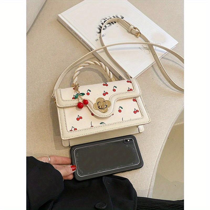 Fashionable High-Class Lady Square PU Handbag, Cute Cherry Printed Shoulder Bag for Shopping, Dating, and Crossbody, Kawaii Cherry Elements Valentines
