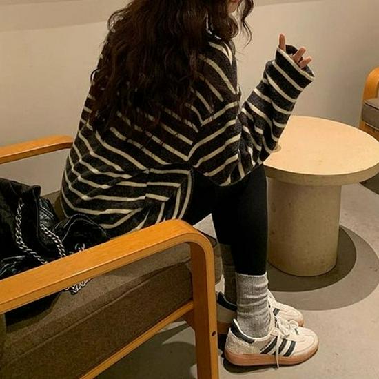 Women's Japanese Style Striped Long Sleeve Base Layer T-Shirt - Slimming, Brushed, Loose Fit for Spring, Autumn, Winter
