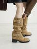 Cowhide Version~ Contrasting Color Belt Buckle Boots Women's Retro Suede Splicing Knight Boots Maillard Slim Stacking Boots