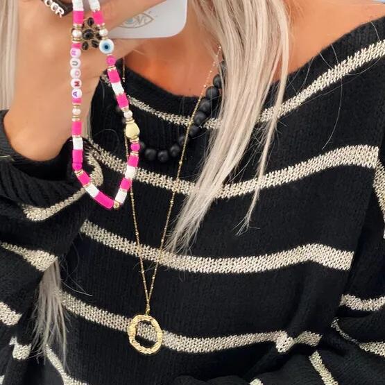 S-5XL Winter Stripe Clash Colour Round Neck Long Sleeve Loose Pocket Women's Fashion Sweater