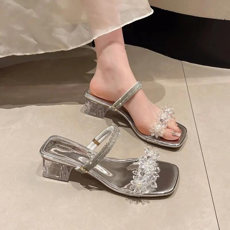 Fashion Women's Sandals Thick Heel Rhinestones Ladies Shoes Summer Sale Low Price Chic and Elegant Sandal 2025 Comfortable On Footwear