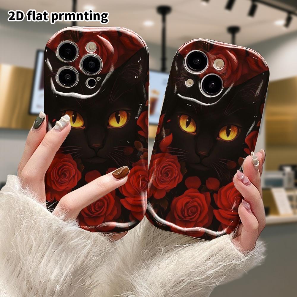 Phone case: 2D flat design, suitable for iPhone 18 17 16 15 14 13 12 Pro protective cases, phone decoration, red roses and black cats, Halloween and C