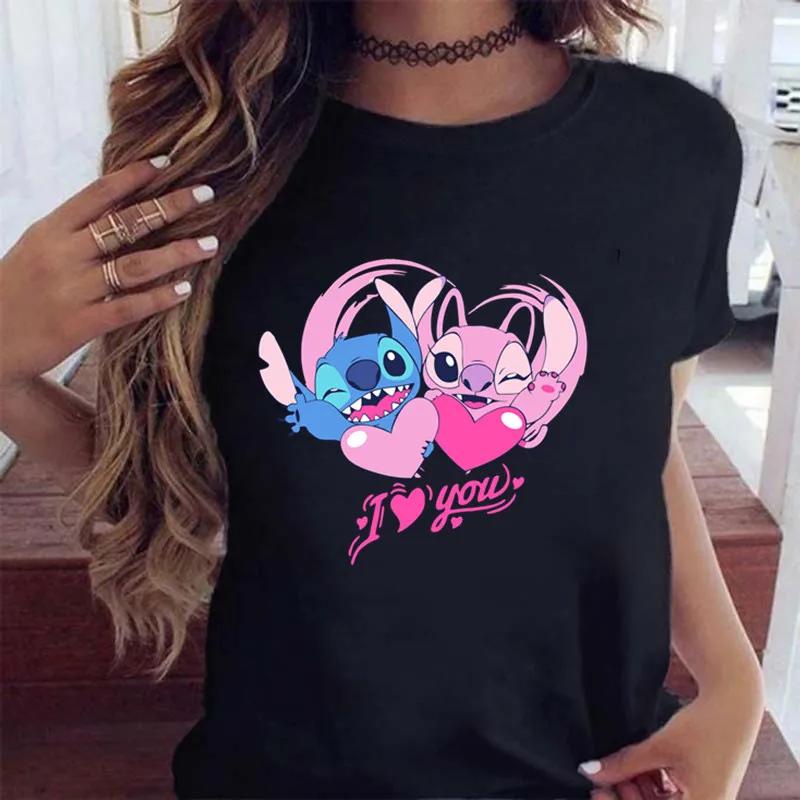 New Fashion Female Clothing Cartoon Disney Stitch Women's T-shirt Summer Short Sleeve Black Tops