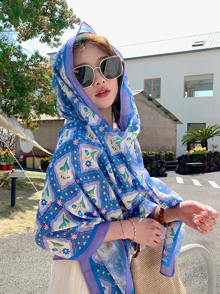 New Summer Elegant Women Silk Scarf Beach Long Wrap Shawl Blue Floral Lady Sunscreen Bandana Hijab Mujer Scarve Pareo Foulard