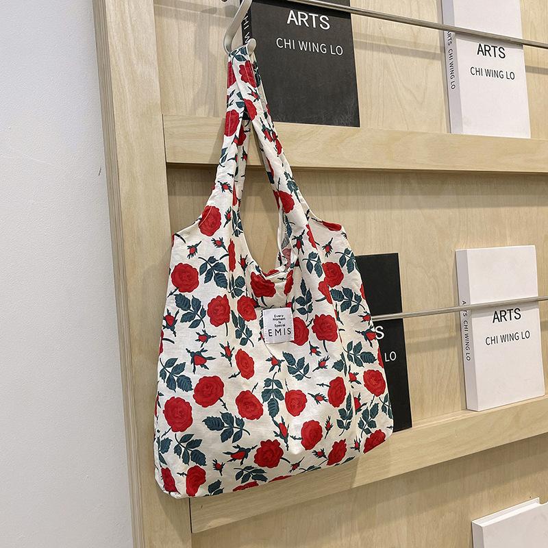 Summer Floral Bag Personality 2025 Foreign Style Large Capacity Rose Canvas Beach Shopping Bag Shoulder Armpit Bag