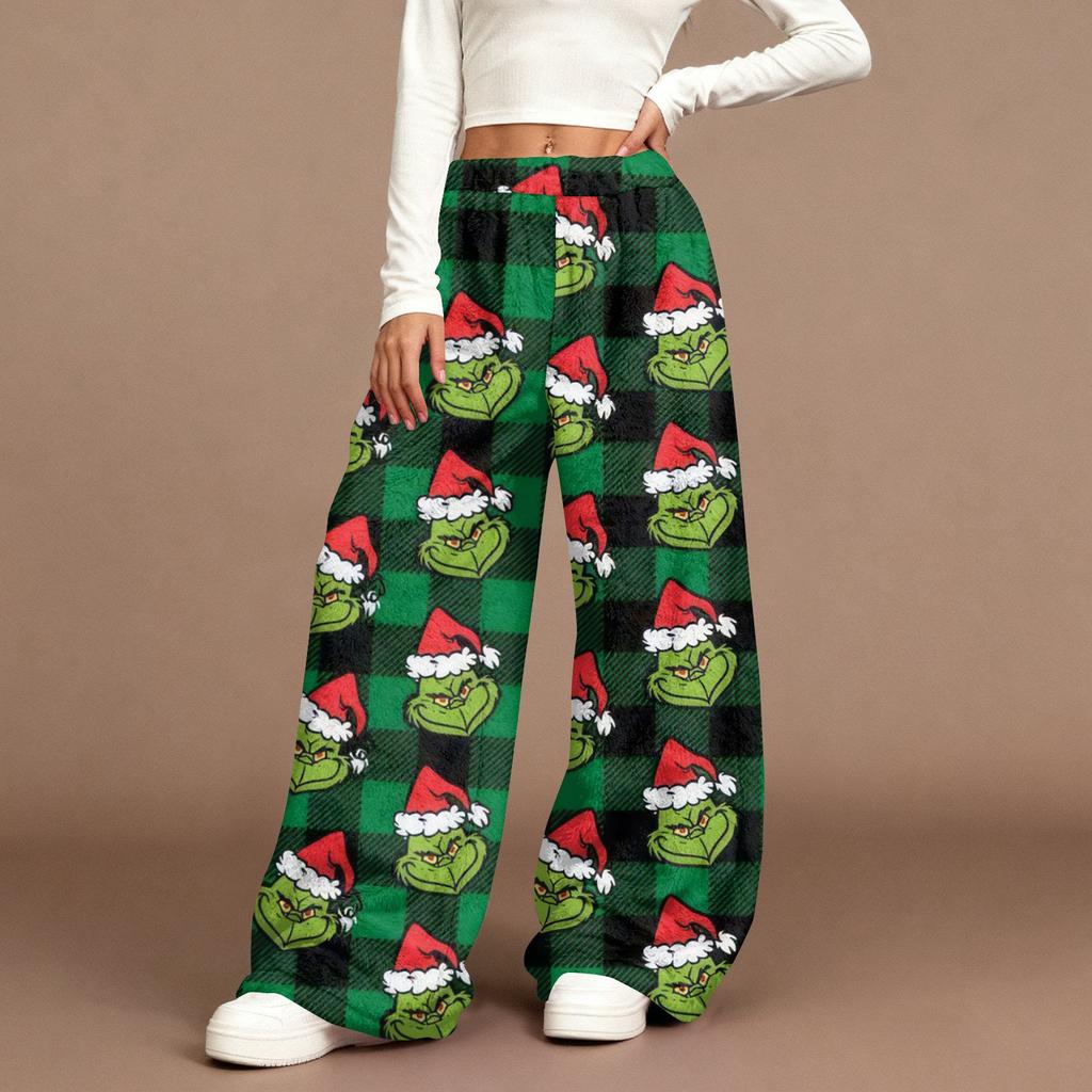 Women's Casual Fashion Christmas Print Elastic Waist Loose Plush Wide Leg Pants