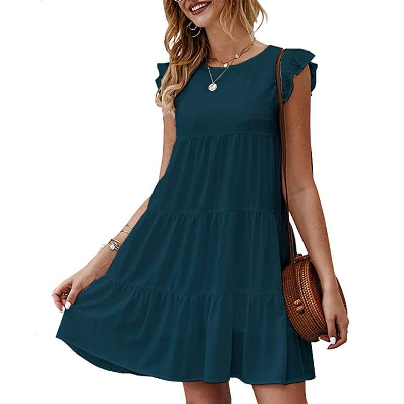 Women's Summer Casual Tiered Ruffle Mini Dress Round Neck Ruffle Short Sleeve Solid Color Flowy Swing Dress for Daily Wear Beach Vacation