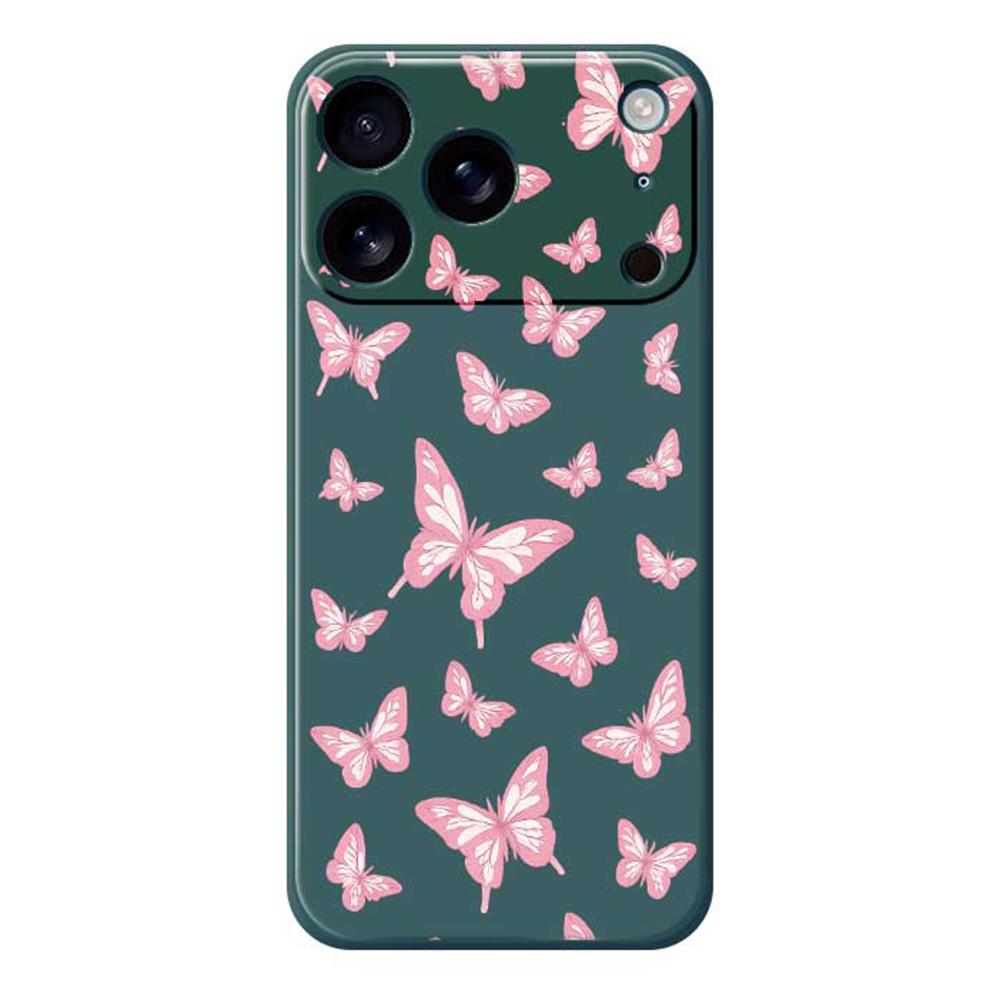 

For iPhone 17 Pro Max Case Pink Butterflies Pattern Printing Straight Edge TPU Phone Back Cover Green