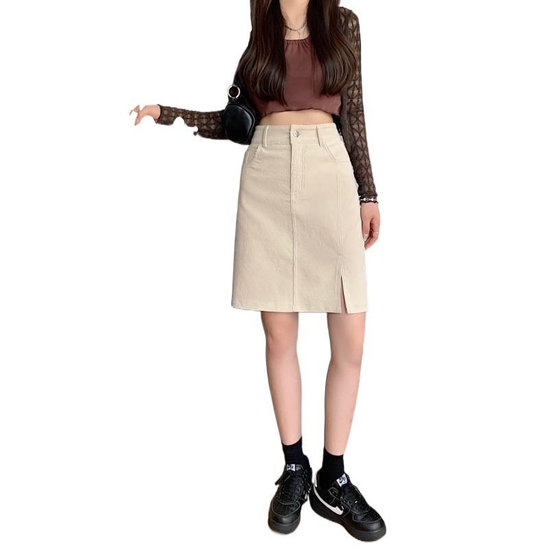 Corduroy Midi Skirt for Women In Autumn and Winter Long and Mid Length Split A-line Skirt, Plus Size, Fat, Hip Hugging, Short Skirt