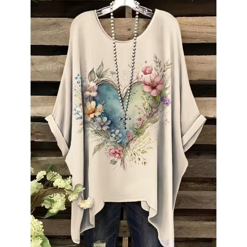 Elegantes Bohemian Chic Übergroßes Einfaches Retro Liebesdruck Druck Damen T-Shirt Asymmetrischer Saum Rundhalsausschnitt Vielseitige Damenbekleidung