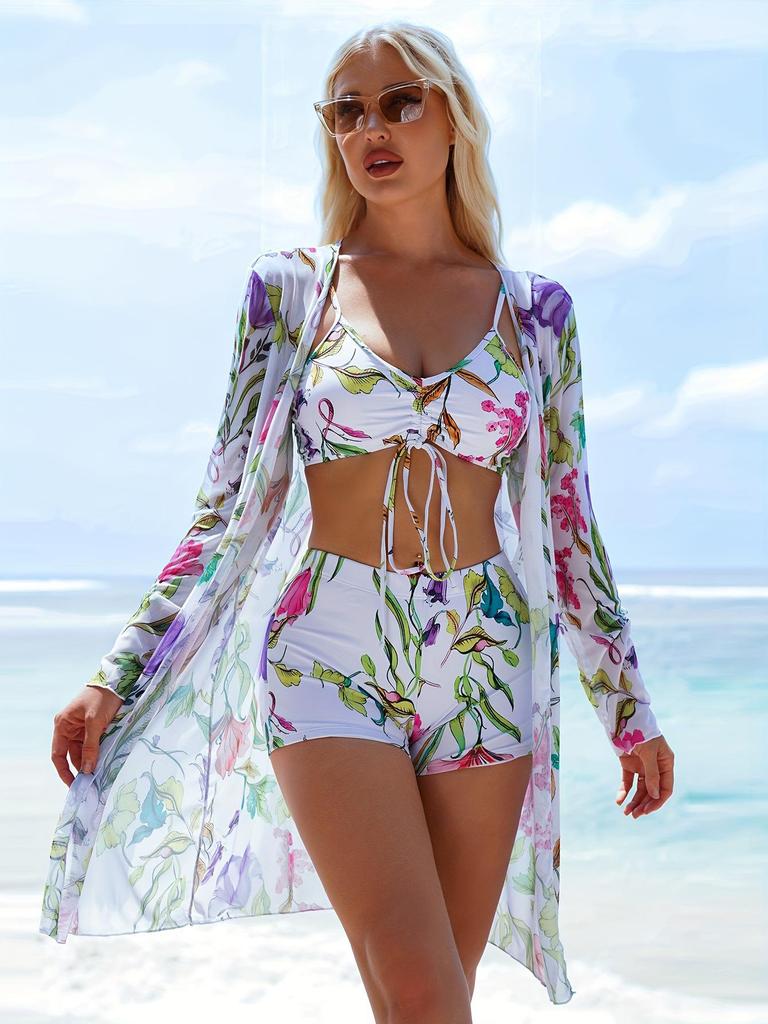 Women's Boyleg Three-Piece Swimsuit with Cardigan and Bow