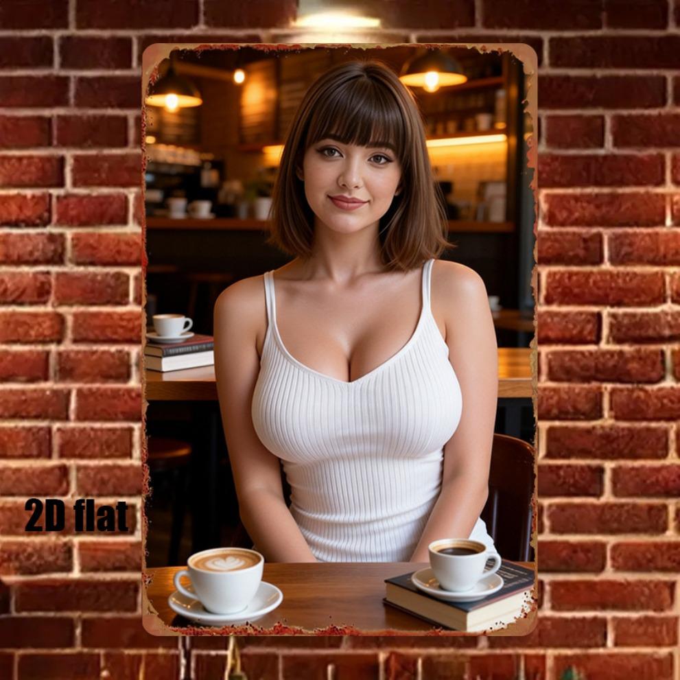 

HD Metal Tin Sign Gorgeous Brunette in White Ribbed Cami Posing in Coffee Shop Vintage Wall Art Decor for Home Bar Man Cave Retr 20x30cm（7.8x11.8inch）