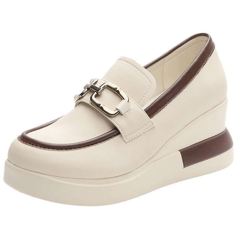 Slope Heel Single Shoes Women's Autumn 2025 New Thick-soled Round Head Soft-soled Women's Shoes One Pedal Fashionable Women's Small Leather Shoes