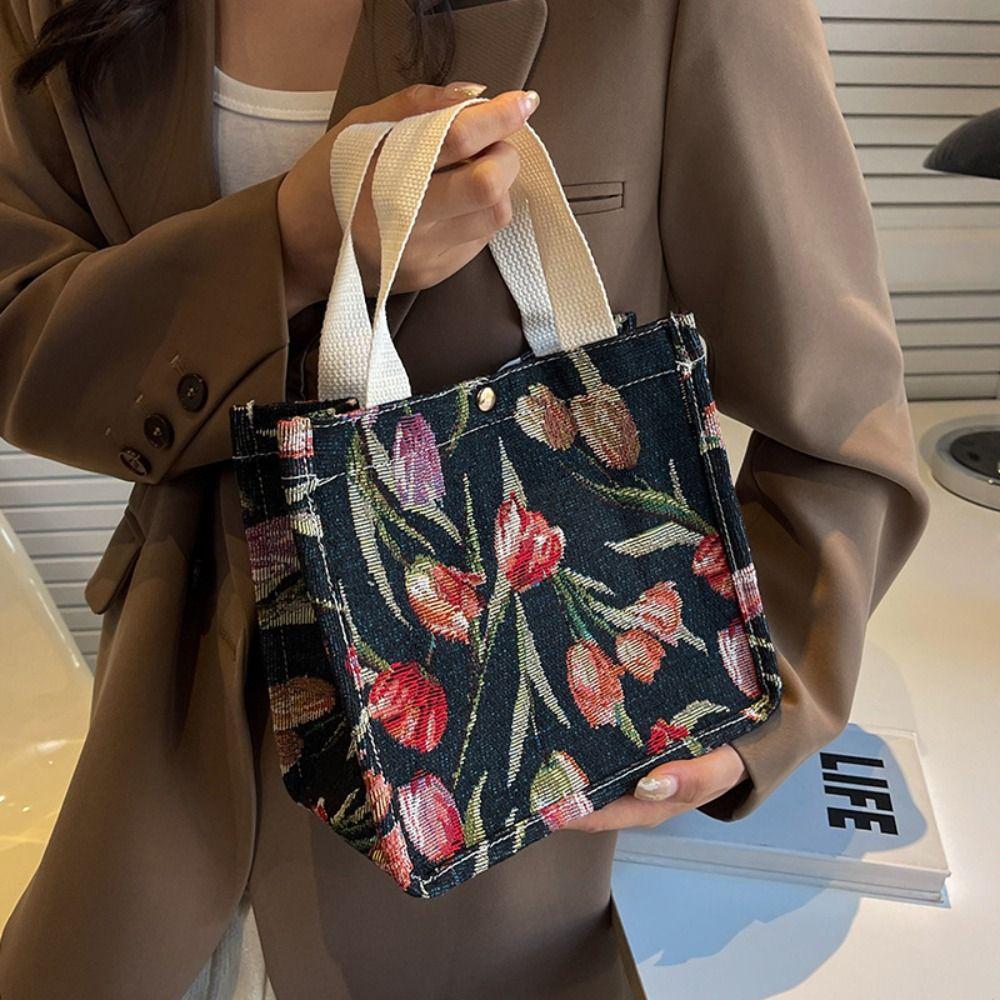 

Большая вместительная сумка-тоут с тюльпаном, холщовая сумка с цветочным принтом, повседневная сумка через плечо с цветочным принтом унисекс S чёрный