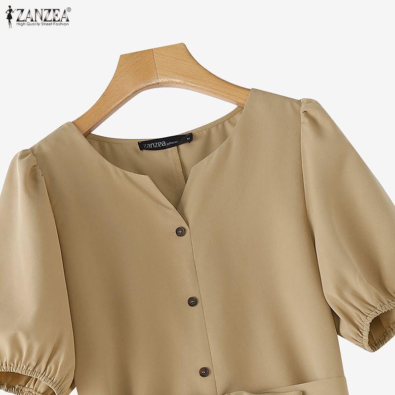 ZANZEA Lässiges, einfarbiges, lockeres Kurzarmkleid mit V-Ausschnitt für Damen
