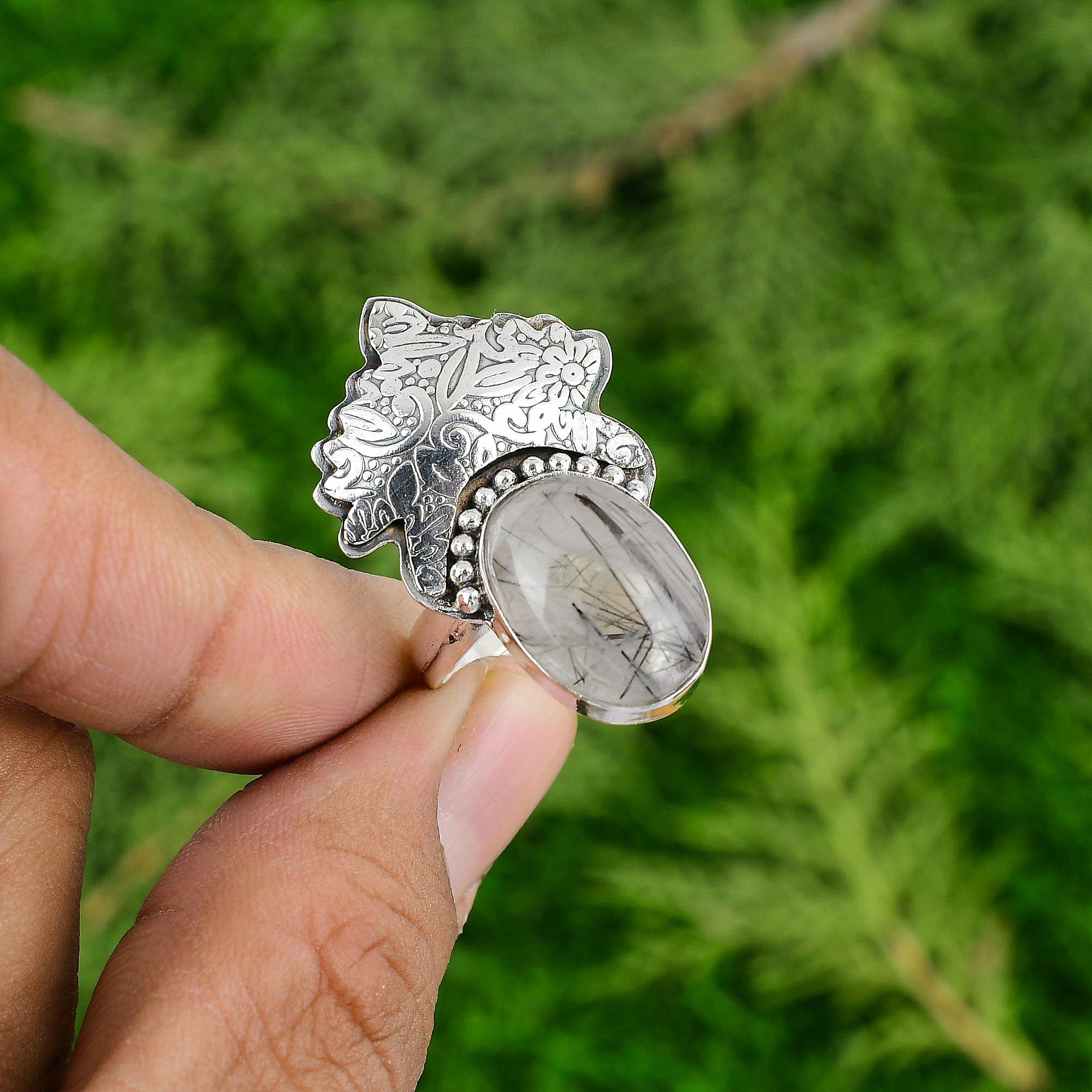 

Распродажа ко Дню матери Овальное кольцо-стек из драгоценного камня Черный рутиловый кварц 925 серебро Adjustable