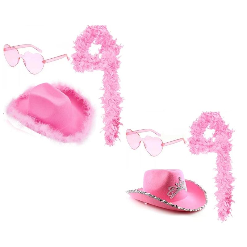 Pink Cowboy Hats with Heart Shaped Glasses Long Feather Boas Western Cowgirl Hat Halloween Costume Accessories for Women