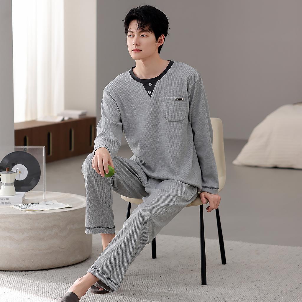 Pajamas Men'S Spring And Autumn Waffle Cotton Long Sleeve Autumn Cotton Large Size Casual Loungewear Set