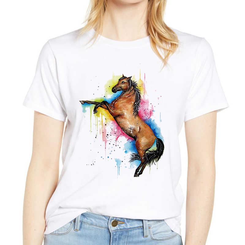 Colorful Horse Print Women T-Shirt Funny Short Sleeve Cute Print Casual Womens Tee Tshirt 90S Clothes Graphic Ladies T-Shirt