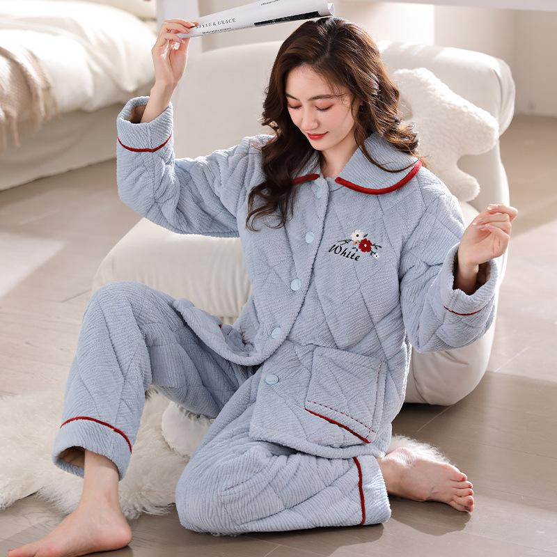 Winter Coral Fleece Padded Pajamas Women'S Three-Layer Thickened Flannel Women'S Loungewear Set