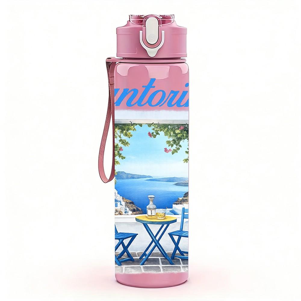 1PC Santorini Mediterranean House Pattern 750ml Color Plastic Sports Water Bottle Leakproof Flip Straw Lid Suitable for Sports Office Home Use