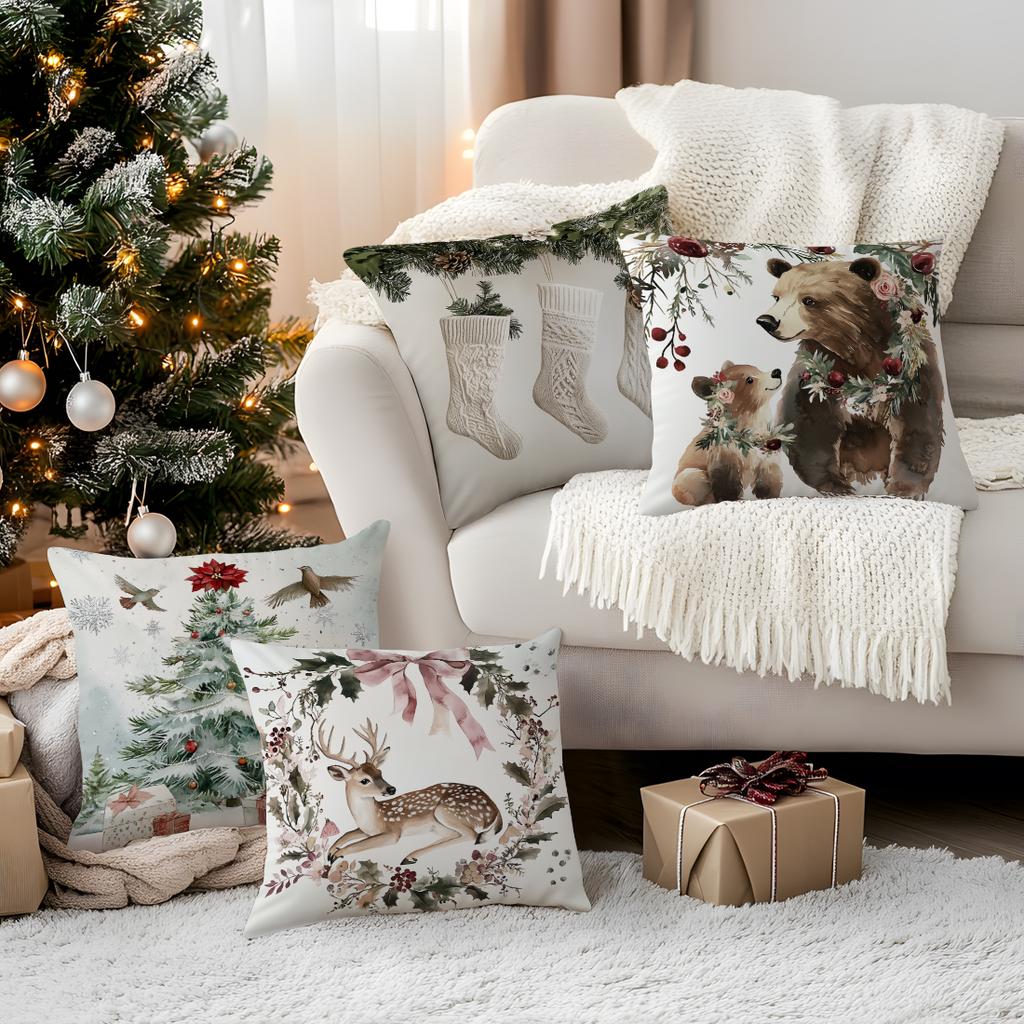 Watercolor Christmas Decor Pillowcase Printed Polyester 45x45cm Throw Pillowcover Decorative Sofa Cushion Pillowslip Home Decor