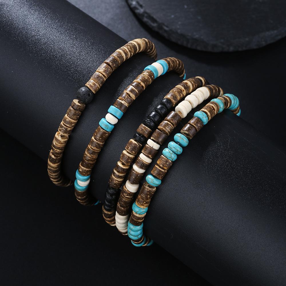 Turquoise Coconut Shell Bead Bracelet - Vintage Tribal Style for Men & Women