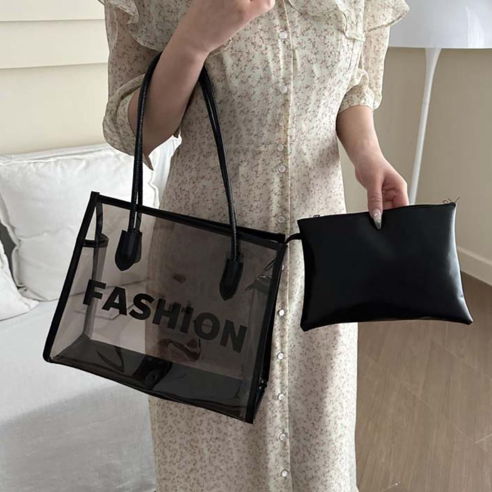 2pcs/set PU Leather Transparent Jelly Bag Large Capacity PVC Composite Tote Bags  School
